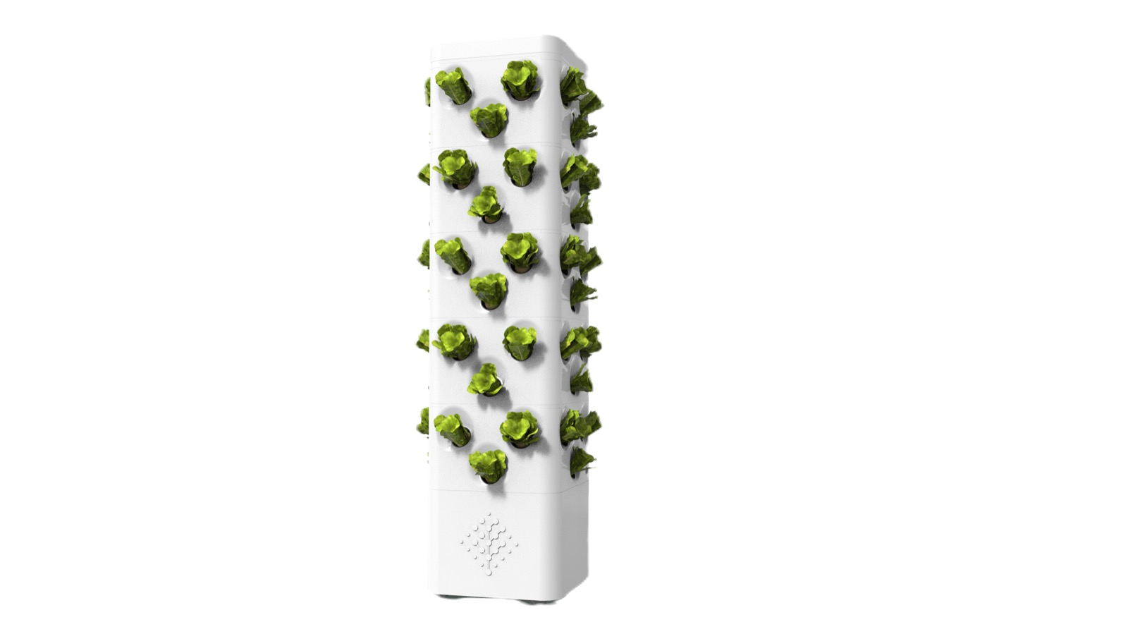 Render de torre aeropónica Ponica blanca con lechugas
